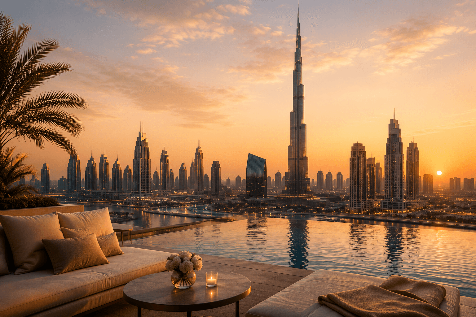 Dubai skyline at golden hour — the destination for Lumident Voyage luxury dental travel